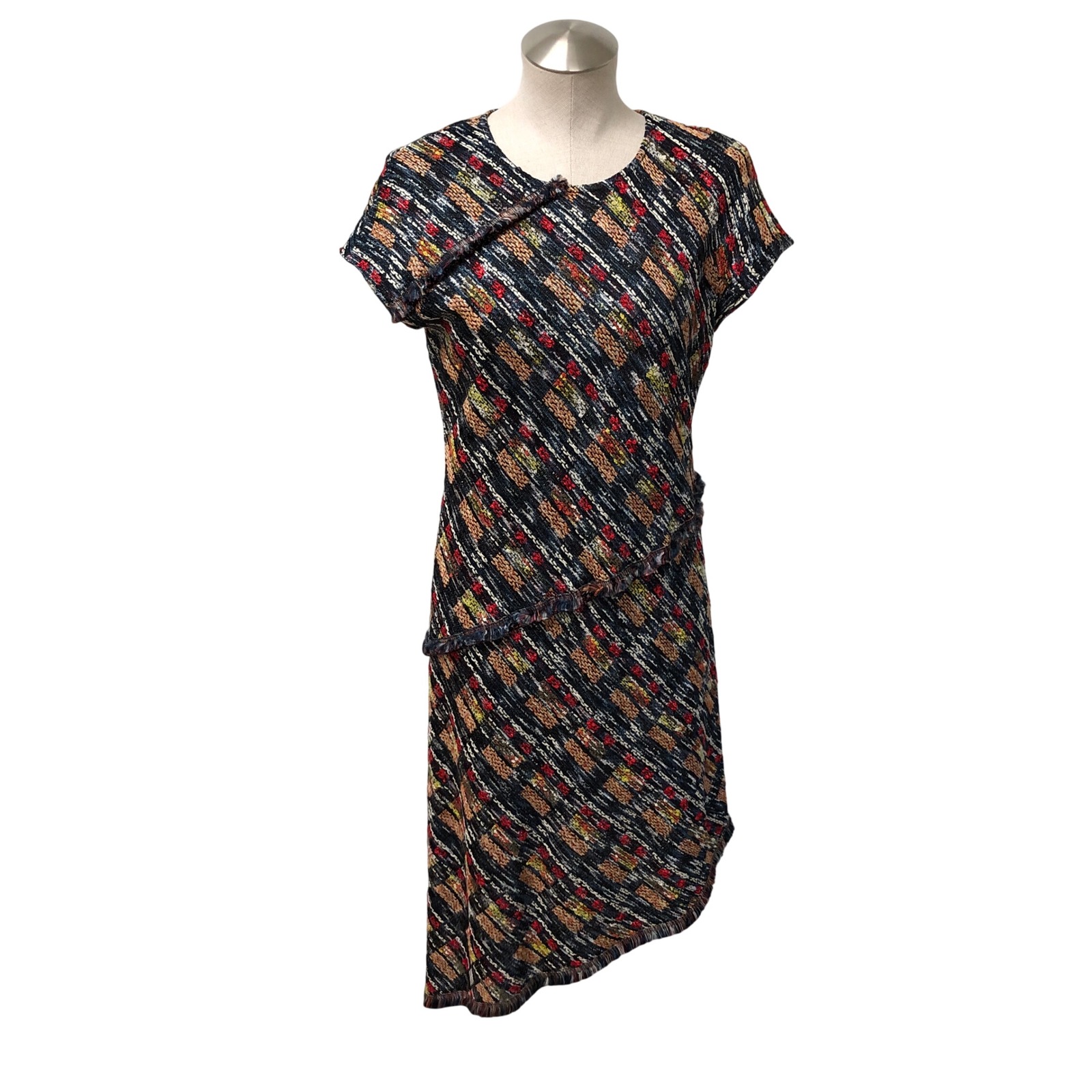 St. John Knit Dress Women 6 Multi Color Tweed Asymmetric Fringe Hem Short Sleeve